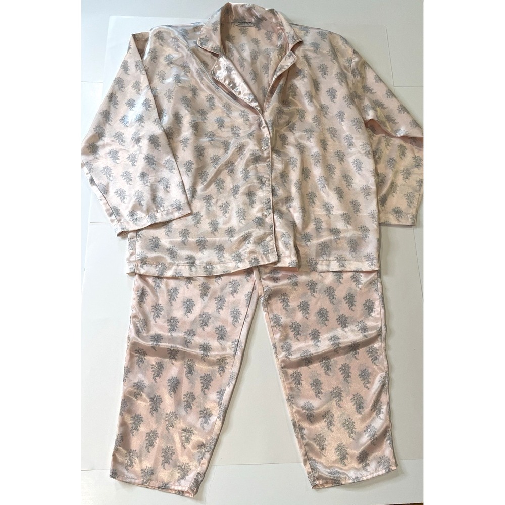 Vintage Lingerie Cacique Womens Floral Satin Pajama Set Size L Coquette Feminine